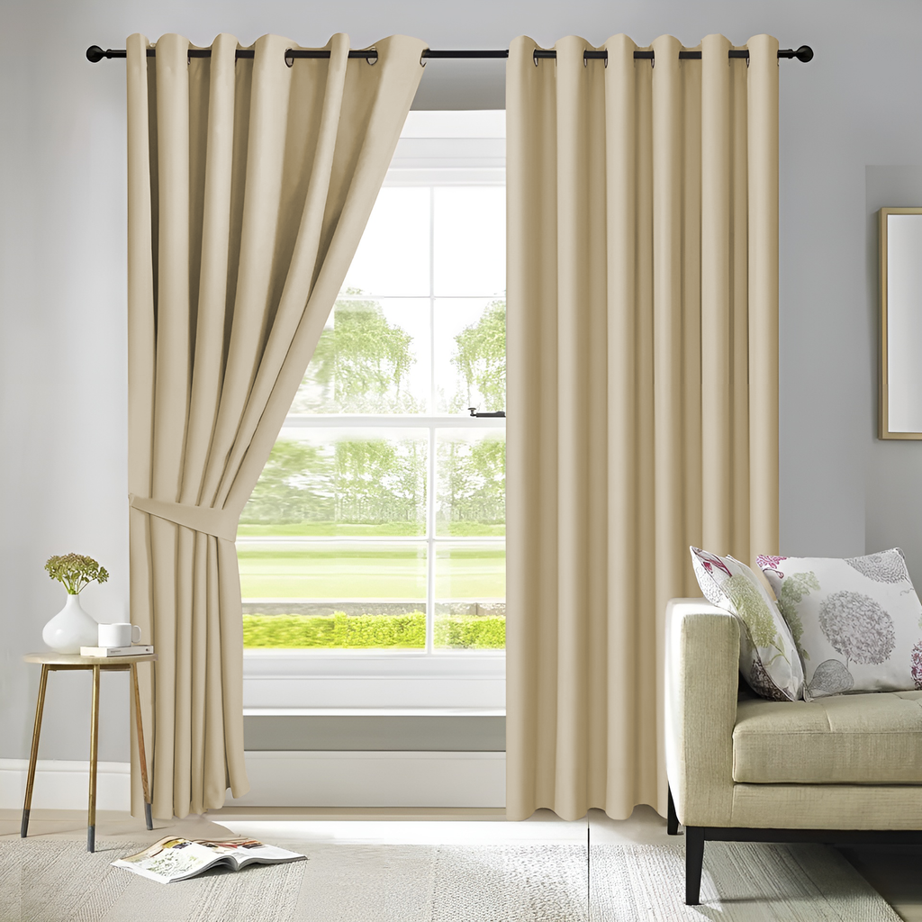 Eyelet Curtains Blackout Thermal Thick  Triple Wave  Beige