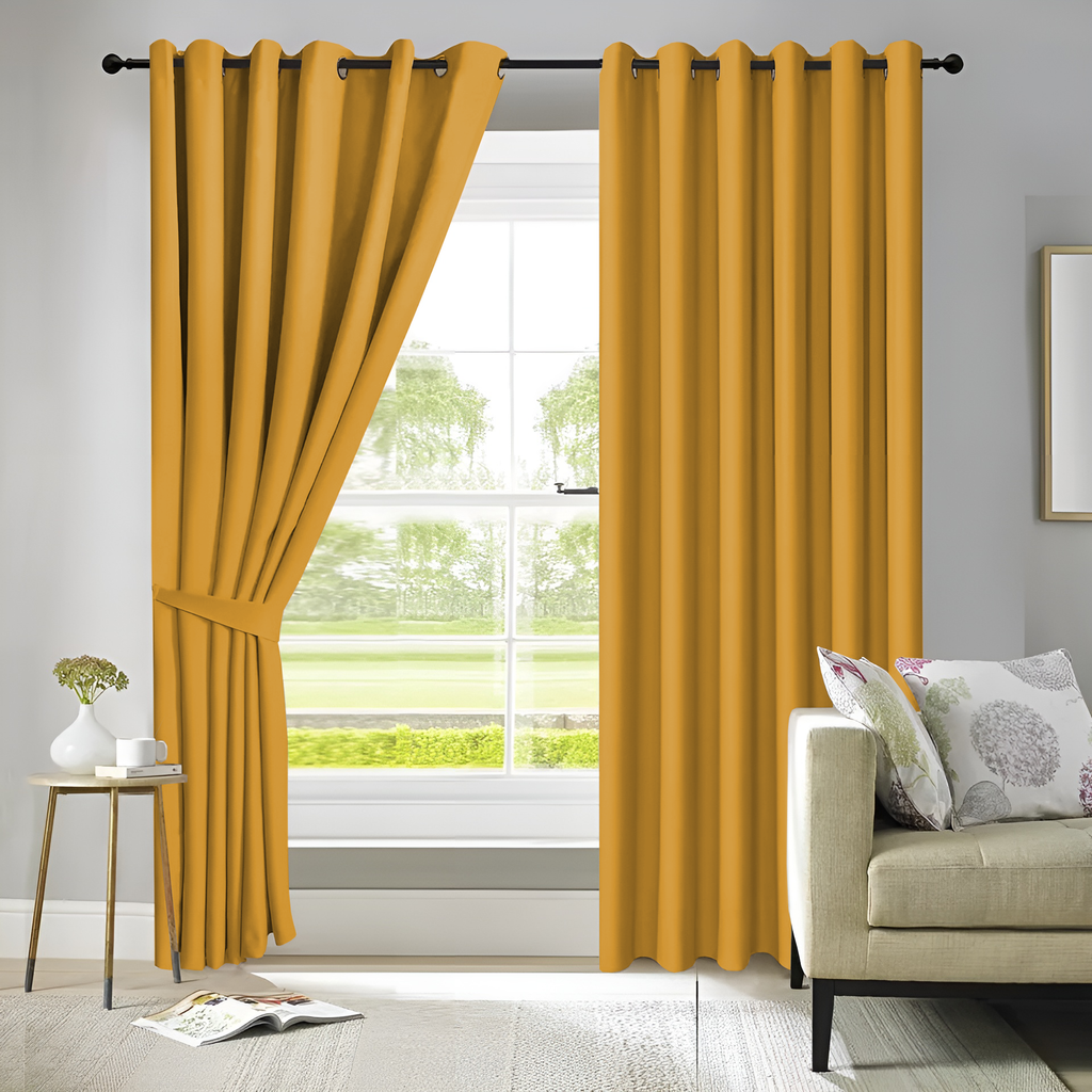 Heavy Thick Thermal Triple Wave Blackout Eyelet Curtains- Ochre Yellow