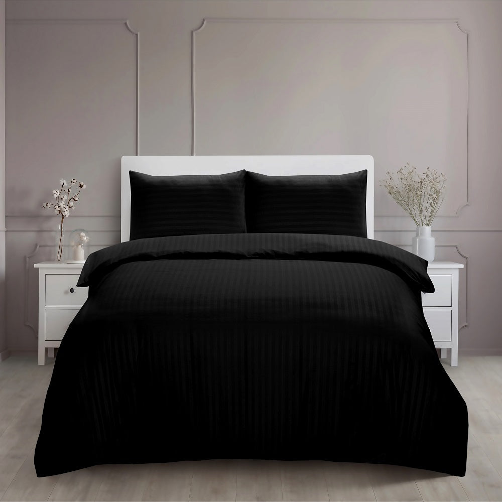 Microfiber Satin Stripe Duvet Cover Black Set Luxury Hotel Bedding Sets with Pillowcases Breathable Ultra Soft Reversible Quilt Covers